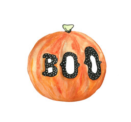 Watercolor halloween pumpkin with text Boo isolated on white background