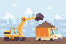 Construction Excavator And Dump Vehicles In Workplace Scene