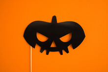 Happy Halloween Eye Mask Black Pumpkin Scary Face On Orange Background