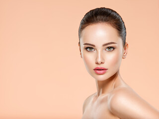 Wall Mural - beautiful face of young woman with health fresh skin. portrait of beautiful brunette woman with clea