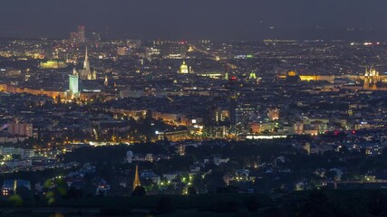 Poster - Skyline of Vienna from Danube Viewpoint Leopoldsberg aerial day to night transition timelapse. Downtown, skyscrapers and historic buildings at evening after sunset