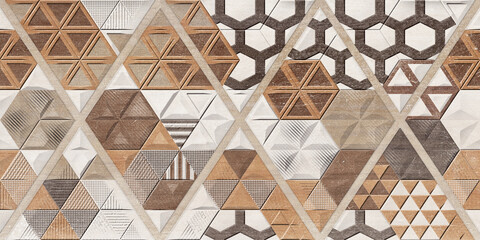 Digital Wall Tile Design,3D Brown Lattice Grid Construction with ivory on Marble Background.Geometric Home Decorative ornament.High quality seamless realistic texture.old style Motifs. 3D Hexagonal 