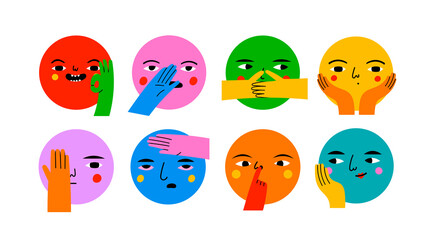 Sticker - Round abstract comic Faces with various Emotions and hand gestures. Different colored characters. Cartoon style. Flat design. Hand drawn trendy Vector illustration. Every face is isolated