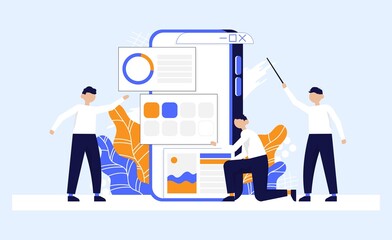Developers team creating and programming interface application for phone or tablet. Color flat vector cartoon illustration isolated on white. Design and development concept app mobile