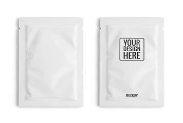 Blank white sachet packet isolated on white. Small pack sachet mockup. 3d rendering