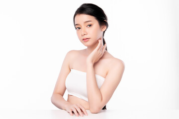 Wall Mural - Beautiful Young asian Woman with Clean Fresh Skin, on white background, Face care, Facial treatment, Cosmetology, beauty and spa, Asian women portrait