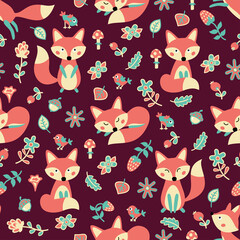 Wall Mural - Cute seamless pattern with foxes in the autumn forest. Vector illustration.