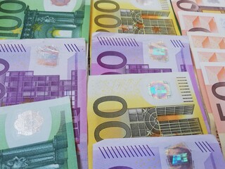 currency, money, euro, wealth, European currency, Europe cash, European bank, fifty euros, one hundred euros, two hundred euros,  five hundred euros, two hundred euros, one hundred euros, fifty euros,