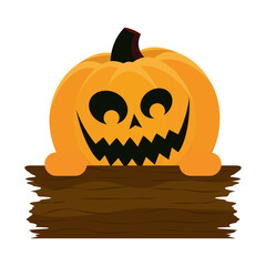 Poster - halloween orange pumpkin face with wooden board