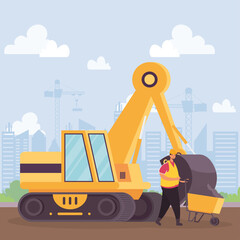 Wall Mural - construction excavator vehicle and worker with wheelbarrow scene