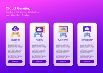 Wall Mural - cloud gaming mobile user interface witn gradient icons: play on laptop, tv, laptop, desktop. vector 