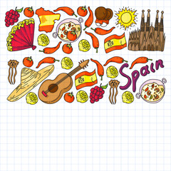 Spain travel. Pattern with spanish vector doodles elements. Eat spanish food. Play spanish guitar, dance flamenco. Traditional icons of bull, wine, dresses.