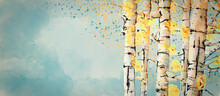 Autumn, Birch Trees. Watercolor Background