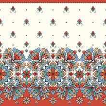 Red, Turquoise And Beige Seamless Pattern With Beautiful Floral Ornaments. Traditional Turkish, Indian Motifs. Great For Fabric And Textile, Wallpaper, Packaging Or Any Desired Idea.