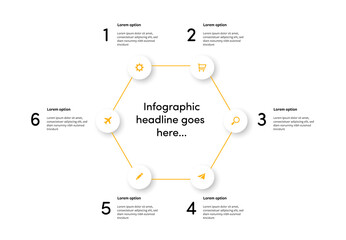 Hexagon infographic layout with 6 options, clean and modern business template