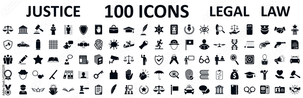 Legal, law and justice 100 icons set - stock vector - obrazy, fototapety, plakaty 