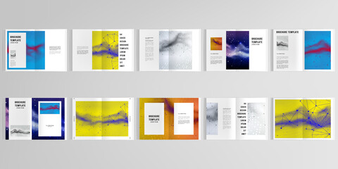 3d realistic vector layout of cover mockup templates for A4 bifold brochure, flyer, cover design, book design. Colorful wavy particle surface background for technology or science cyber space concept.