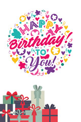 Wall Mural - happy birthday card with gifts and lettering scene