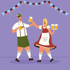 Sticker - german couple wearing tyrolean suit drinking beers characters