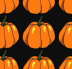 Wall Mural - Orange halloween pumpkins on black background as autumn halloween seamless pattern wallpaper bakground illustration    