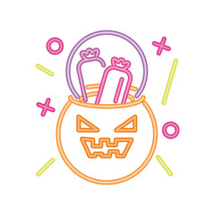 Sticker - pumpkin with candy in neon light for halloween, trick or treat