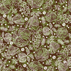 Wall Mural - thanksgiving line art pumpkins, pear, apple, grape, leaf seamless pattern on the grass background de