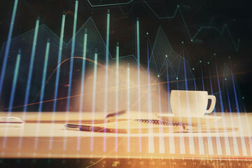 Multi exposure of forex graph drawing and desktop with coffee and items on table background. Concept of financial market trading