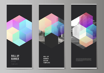 Wall Mural - Vector layout of roll up mockup design templates with colorful hexagons, geometric shapes, tech background for vertical flyers, flags design templates, banner stands, advertising design mockups.