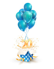 20th Years Celebrations. Greetings Of Twenty Anniversary Isolated Vector Design Elements. Open Textured Gift Box With Numbers And Flying On Balloons