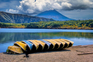 Wall Mural - Boats on Lake Saiko near Mount Fuji, Japan