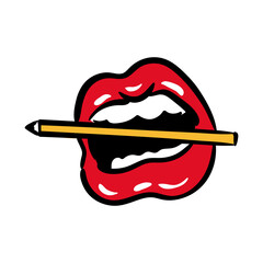 Poster - sexi mouth and teeth biting a pencil pop art line and fill style icon