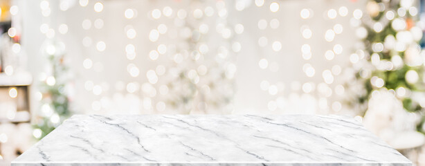 Fototapete - marble table with Christmas decor in living room blur background with bokeh light,Holiday backdrop,Mockup banner for display of advertise product ,luxury house.