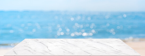 Aufkleber - summer background.Empty perspective marble table with blur sea and sky bokeh background, banner mockup template for display of product