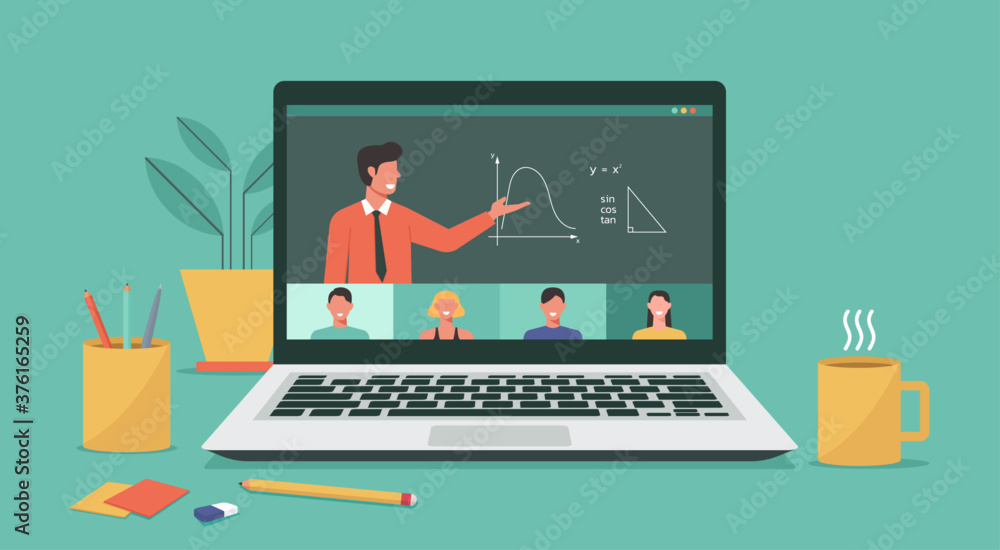 people connecting together, learning or meeting online with teleconference, video conference remote working on laptop, work from home and anywhere, new normal concept, vector flat illustration - obrazy, fototapety, plakaty 