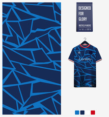 Blue mosaic pattern or grass crack fabric textile pattern design for soccer jersey, football kit, cycling jersey, racing shirt, sports uniform. T-shirt mockup template design. Abstract background.