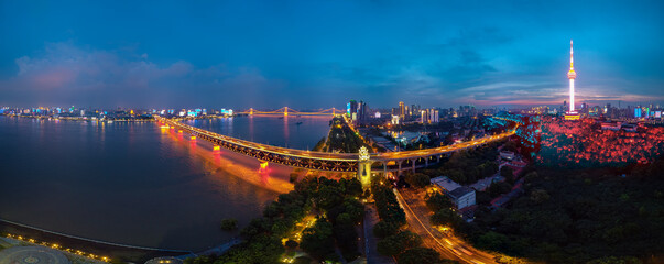 Wuhan city sunset and night aerial photography scenery in summer