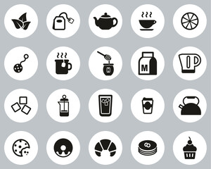 Poster - Tea Or Hot Beverage Icons Black & White Flat Design Circle Set Big