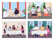 © IMGvisualsCharacters - Traditional lunch for family flat color vector illustration set. Muslim parent and children eat meal. Asian culture. Multiethnic 2D cartoon characters with interior on background collection