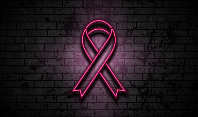 Breast cancer awareness month. Neon glowing laser pink ribbon tape on grunge brick wall. Women healthcare abstract vector background