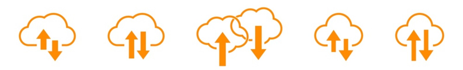 Wall Mural - Cloud Upload Download Icon Orange | Clouds Arrow Up Down Illustration | Computing Storage Symbol |  Server Data Internet Logo | IT Service Sign | Isolated | Variations