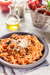 Canvas Print - Spaghetti bolognese with mushrooms and cheese. Italian cuisine