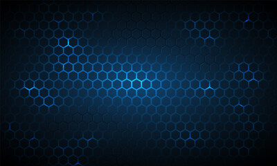 Dark blue technology hexagonal vector background. Abstract blue bright energy flashes under hexagon in navy blue technology, modern, futuristic vector illustration. Blue honeycomb texture grid.
