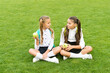 © be free - School students girls eating apples for lunch, eat healthy concept