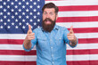 American man journalist reporter USA flag background, welcoming concept