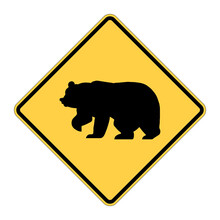 Bear Crossing Warning Road Sign. Caution Big Animals. Vector Illustration Of Yellow Diamond Shaped Traffic Sign With Bear Icon Inside. Risk Of Collision. Wildlife On Road Symbol.