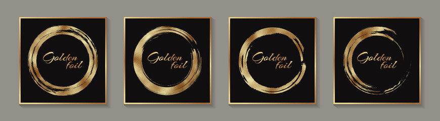 Set of modern grunge luxury card templates for business or poster or greeting with golden circles or paint brush strokes on a black background.