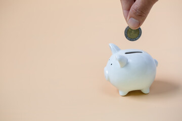 Wall Mural - Close up female hand putting coin into piggy bank, save money for future