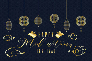 Wall Mural - mid autumn festival poster with golden lettering and lamps hanging