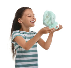 Sticker - Little girl enjoying air flow from portable fan on white background. Summer heat