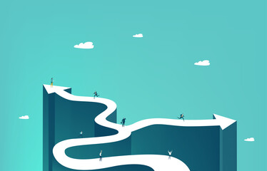 Wall Mural - Little business people running on the arrow in order to find successful way to career, financial growth, professional achievements. Business concept illustration